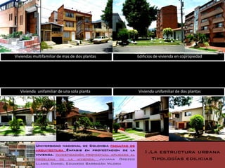 Viviendas multifamiliar de mas de dos plantas               Edificios de vivienda en copropiedad




   Vivienda unifamiliar de una sola planta                  Vivienda unifamiliar de dos plantas




           Universidad nacional de Colombia facultad de
           arquitectura Énfasis en proyectacion de la
           vivienda. Investigación proyectual aplicada al
                                                               1.La estructura urbana
           problema de la vivienda. Juliana Orozco               Tipologías edilicias
           Llano. Daniel Eduardo Barragán Viloria
 