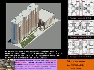 Tipología 1 con balcón de 1.97 m2




                                                            Tipología 2 con balcón de 2.77 m2




El proyecto tiene 3 tipologías de apartamento, la
primera va del piso 1 al 4; la segunda del 5 al 16 y la
tercera que va del 17 al 20. su diferencia radica en
                                                            Tipología 3 con balcón de 6.74 m2
el tamaño y disposición de los balcones.
         Universidad nacional de Colombia facultad de     5.El proyecto
         arquitectura Énfasis en proyectacion de la
         vivienda. Investigación proyectual aplicada al
         problema de la vivienda. Juliana Orozco
                                                          La agrupación
         Llano. Daniel Eduardo Barragán Viloria              tipologías
 
