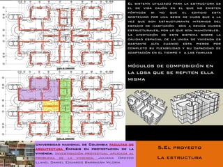 El sistema utilizado para la estructura es
                                           el de viga cajón en el que no existen
                                           pórticos si no que el edificio esta
                                           sostenido por una serie de muro que a la
                                           vez que son estructurante internos del
                                           espacio de habitación son a demás muros
                                           estructurales, por lo que son inamovibles.
                                           La afectación de este sistema sobre la
                                           calidad espacial de la unida de vivienda es
                                           bastante alta cuando esta pierde por
                                           completo su flexibilidad y su capacidad de
                                           adaptación en el tiempo y a las familias


                                           módulos de composición en
                                           la losa que se repiten ella
                                           misma




Universidad nacional de Colombia facultad de
arquitectura Énfasis en proyectacion de la              5.El proyecto
vivienda. Investigación proyectual aplicada al
problema de la vivienda. Juliana Orozco                 La estructura
Llano. Daniel Eduardo Barragán Viloria
 