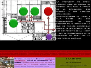 La    propuesta     de   orden
                                                                                                                espacial para la unidad de
                                                                                                                vivienda esta dada a través
                                                                                                                de    la    circulación    que
                                                                                                                reparte    a    los    espacios
                                                                                                                organizados
                                                                                                                secuencialmente en torno a
                                                                                                                ella.    Existe     una     des
                                                                                                                jerarquización       de     los
                                                                                                                espacios de la habitación lo
                                                                                                                que no permite diferenciar
                                                                                                                grados de importancia entre
                                                                                                                los componente de la misma
                                                                                                                y que es consecuencia de la
                                                                                                                condición de serializad en
                                                                                                                este tipo de viviendas




Principios ordenadores del espacio. Jerarquía: Implica que en la mayoría de las composiciones arquitectónicas existen auténticas diferencias entre las formas y los espacios que,
en cierto sentido reflejan su grado de importancia y el cometido funcional, formal y simbólico que juegan en su organización. El modo en que se manifiestan las diferencias
funcionales entre los elementos de una edificación es un juicio a la exposición de un orden patente y jerárquico en las formas(simetria, ritmo, centralidad, eje, pauta, repetición y
transformación)

                            Universidad nacional de Colombia facultad de                                                           6.La Unidad
                            arquitectura Énfasis en proyectacion de la
                            vivienda. Investigación proyectual aplicada al                                                         La espacialidad
                            problema de la vivienda. Juliana Orozco                                                    Los principios ordenadores del
                            Llano. Daniel Eduardo Barragán Viloria                                                                 espacio
 