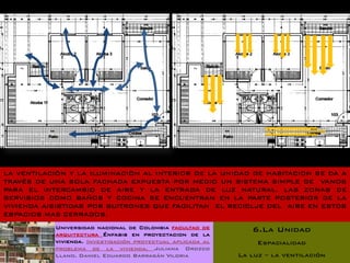 LA VENTILACIÒN Y LA ILUMINACIÒN AL INTERIOR DE LA UNIDAD DE HABITACION SE DA A
TRAVÈS DE UNA SOLA FACHADA EXPUESTA POR MEDIO UN SISTEMA SIMPLE DE VANOS
PARA EL INTERCAMBIO DE AIRE Y LA ENTRADA DE LUZ NATURAL. LAS ZONAS DE
SERVISIOS COMO BAÑOS Y COCINA SE ENCUENTRAN EN LA PARTE POSTERIOR DE LA
VIVIENDA AISISTIDAS POR BUITRONES QUE FACILITAN EL RECICLJE DEL AIRE EN ESTOS
ESPACIOS MAS CERRADOS.
           Universidad nacional de Colombia facultad de        6.La Unidad
           arquitectura Énfasis en proyectacion de la
           vivienda. Investigación proyectual aplicada al        Espacialidad
           problema de la vivienda. Juliana Orozco
           Llano. Daniel Eduardo Barragán Viloria           La luz – la ventilación
 