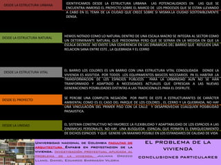 DESDE LA ESTRUCTURA URBANA        IDENTIFICAMOS DESDE LA ESTRUCTURA URBANA LAS POTENCIALIDADES EN LAS QUE SE
                                  ENCUENTRA INMERSO EL PROYECTO SOBRE EL MARCO DE LOS PROCESOS QUE SE ESTAN LLEVANDO
                                  A CABO EN EL TEMA DE LA CIUDAD QUE CRECE SOBRE SI MISMA.LA CIUDAD SOSTENIBLEMENTE
                                  DENSA.




DESDE LA ESTRUCTURA NATURAL      HEMOS NOTADO COMO LO NATURAL DENTRO DE UNA ESCALA MACRO SE INTEGRA AL SECTOR COMO
                                 UN DETERMINANTE NATURAL QUE PREDOMINA PERO QUE SE SEPARA EN LA MEDIDA EN QUE LA
                                 ESCALA DECRECE .NO EXISTE UNA COHERENCIA EN LAS DINAMICAS DEL BARRIO QUE REFLEJEN UNA
                                 RELACION SANA ENTRE ESTE , LA QUEBRADA Y EL CERRO




DESDE LA ESTRUCTURA VITAL        EL BARRIO LOS COLORES ES UN BARRIO CON UNA ESTRUCTURA VITAL CONSOLIDADA DONDE LA
                                 VIVIENDA ES ASISITIDA POR TODOS LOS EQUIPAMENTOS BASICOS NECESARIOS PA EL HABITAR .LA
                                 TRANSFORMACION DE LOS ESPACIOS PUBLICOS           PARA LA URBANIDAD AUN NO SE HAN
                                 TRANFORMADO Y ADAPTADO A NECESIDADES ACTUALES QUE OFRESCAN A LAS NUEVAS
                                 GENERACIONES POSIBILIDADES DISTINTAS A LAS TRADICIONALES PARA EL DISFRUTE.

                                 SE PERCIBE UNA COMPLETA NEGACIÒN POR PARTE DE ESTE A ESTRUCTURANTES DE CARÁCTER
DESDE EL PROYECTO
                                 AMBIENTAL COMO ES EL CASO DEL PARQUE DE LOS COLORES , EL CERRO Y LA QUEBRADA, NO HAY
                                 UNA VINCULACIÒN DEL PRIMER PISO CON LA CALLE Y DESAPROVECHA CUALQUIER POSIBILIDAD
                                 PAISAJISTICA.


DESDE LA UNIDAD                  EL SISTEMA CONSTRUCTIVO NO FAVORECE LA FLEXIBILIDAD Y ADAPTABILIDAD DE LOS ESPACIOS A LAS
                                 DINÀMICAS PERSONALES. NO HAY UNA BUSQUEDA ESPACIAL QUE PERMITA EL ENRIQUECIMIENTO
                                 DE DICHOS ESPACIOS Y QUE GENERE UN MAXIMO POSIBLE EN LOS ESTANDARES DE CALIDAD DE VIDA

                    Universidad nacional de Colombia facultad de               EL PROBLEMA DE LA
                    arquitectura Énfasis en proyectacion de la
                    vivienda. Investigación proyectual aplicada al
                                                                                    VIVIENDA
                    problema de la vivienda. Juliana Orozco                CONCLUSIONES PARTICULARES
                    Llano. Daniel Eduardo Barragán Viloria
 