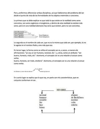 Pero, preferimos diferenciar ambas disciplinas, así que hablaremos del problema del ser
desde el punto de vista de las formalidades de los objetos materiales o concretos.
Lo primero que se debe explicar es que todo lo que existe en la realidad como seres
concretos, son seres orgánicos e inorgánicos, y dentro de esta realidad no existen más
seres; pero en una realidad abstracta hay seres que existen, pero no son concretos.
Lo segundo es el nombre de cada ser, que no es lo mismo qua cada ser; por ejemplo, tú no
te agotas en el nombre Pedro, eres más que eso.
En tercer lugar, la forma como se utiliza el concepto ser es, a veces, a manera de
afirmaciones: “yo soy un ser humano, racional, etc.”, y, otras, como un atributo: “ser
bueno, honesto, malo, etc”. Asimismo, el concepto ser es una relación al actuar como
verbo.
bueno, honesto, ser malo, etcétera”. Asimismo, el concepto ser es una relación al actuar
como verbo.
En cuarto lugar se explica que lo que soy, en parte son mis características, que en
conjunto conforman mi ser.
 
