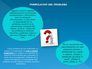 FORMULACION DEL PROBLEMA
Algunos autores emplean
indistintamente los términos
planteamiento y formulación,
pero es necesario
diferenciarlos. A tales efecto
la formulación de un
problema consiste en la
presentación oracional del
mismo, es decir, “reducción
del problema a términos
concretos, explícitos, claros y
precisos.”(Tamayo, 1993, p.
169).
“Es la concreción del
planteamiento en una
pregunta precisa y
delimitada en cuanto
a espacio, tiempo y
población (si fuere el
caso)”. (Fidias G.
Arias, 2006, p. 41)
Como producto de esa reducción, se
sugiere la elaboración de una o varias
preguntas que reflejen con claridad los
aspectos desconocidos que marcaran el
inicio de la investigación. Además de la
forma interrogativa, la formulación del
problema puede adoptar también la forma
declarativa.
 