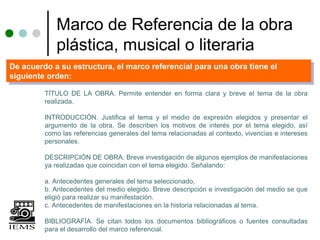 Marco de Referencia de la obra
            plástica, musical o literaria
De acuerdo a su estructura, el marco referencial para una obra tiene el
 De acuerdo a su estructura, el marco referencial para una obra tiene el
siguiente orden:
 siguiente orden:
         TÍTULO DE LA OBRA. Permite entender en forma clara y breve el tema de la obra
         realizada.

         INTRODUCCIÓN. Justifica el tema y el medio de expresión elegidos y presentar el
         argumento de la obra. Se describen los motivos de interés por el tema elegido, así
         como las referencias generales del tema relacionadas al contexto, vivencias e intereses
         personales.

         DESCRIPCIÓN DE OBRA. Breve investigación de algunos ejemplos de manifestaciones
         ya realizadas que coincidan con el tema elegido. Señalando:

         a. Antecedentes generales del tema seleccionado,
         b. Antecedentes del medio elegido. Breve descripción e investigación del medio se que
         eligió para realizar su manifestación.
         c. Antecedentes de manifestaciones en la historia relacionadas al tema.

         BIBLIOGRAFÍA. Se citan todos los documentos bibliográficos o fuentes consultadas
         para el desarrollo del marco referencial.
 