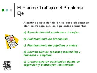 El Plan de Trabajo del Problema
Eje
  A partir de esta definició n se debe elaborar un
  plan de trabajo con los siguientes elementos:

  a) Enunciación del problema a trabajar.

  b) Planteamiento de propósitos.

  c) Planteamiento de objetivos y metas.

  d) Enunciación de recursos materiales y
  humanos a emplear.

  e) Cronograma de actividades donde se
  organizan y distribuyen los tiempos.
 
