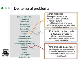 Del tema al problema
                          Aproximaciones
  Cambio climático        interpretativas a las
      Comercio            relaciones entre juventud,
      Corrupción
                          violencia y cultura.
                              ¿Qué relación existe entre
      Desarrollo
                          violencia, cultura en los jóvenes de
    Discapacidad                 la Ciudad de México?
      Educación
       Empleo               El tránsito de la escuela
       Género                al trabajo. ¿Todos los
    Globalización             jóvenes tienen las mismas
   Infraestructura          oportunidades de empleo en la
   Medio ambiente                Ciudad de México?
Objetivo Desarrollo del

                          “Uno empieza a alucinar...”
        Milenio
       Pobreza
        Salud                ¿Qué opinan los jóvenes sobre
         SIDA               sexualidad, embarazo y acceso a
                           los servicios de salud en la Ciudad
     Tecnologías
     Urbanización
                                       de México?
 