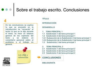 Sobre el trabajo escrito. Conclusiones
                                   TÍTULO
4                                  INTRODUCCIÓN
En las conclusiones se explica
lo que se prometió en la           DESARROLLO
introducción; se “recuerda” al
lector lo que se le dijo durante   1. TEMA PRINCIPAL 1
el texto, se hace un balance       1.1 Subdivisión 1 del tema principal 1
general de los capítulos del       1.2 Subdivisión 2 del tema principal 1
texto    y   se    elabora   un    1.2.1 Subsección de la Subdivisión 2 del tema principal 1
comentario personal sobre el       1.2.2 Subsección de la Subdivisión 2 del tema principal 1
problema y el trabajo en           1.3 Subdivisión 3 del tema principal 1
general.
                                   2.    TEMA PRINCIPAL 2
                                   2.1   Subdivisión 1 del tema principal 2
                                   2.2   Subdivisión 2 del tema principal 2
                                   2.3   Subdivisión 3 del tema principal 2
              Las citas y
              referencias          CONCLUSIONES

                                   BIBLIOGRAFÍA
 