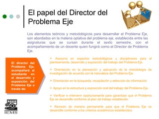 El papel del Director del
          Problema Eje
          Los elementos teóricos y metodológicos para desarrollar el Problema Eje,
          son abordados en la materia optativa del problema eje, establecida entre las
          asignaturas que se cursan durante el sexto semestre, con el
          acompañamiento de un docente quien fungirá como el Director de Problema
          Eje.

                         Asesoría en aspectos metodológicos y disciplinares para el
El director del         planteamiento, desarrollo y exposición del trabajo del Problema Eje.
Problema Eje,
acompañará al            Orientación en la planeación y aplicación de la metodología de
estudiante en           investigación de acuerdo con la naturaleza del Problema Eje.
el desarrollo y
exposición del           Orientación en la búsqueda, recopilación y selección de información.
Problema Eje a
través de:               Apoyo en la estructura y exposición oral del trabajo del Problema Eje.

                         Verificar e intervenir oportunamente para garantizar que el Problema
                        Eje se desarrolle conforme al plan de trabajo establecido.

                         Revisión de manera permanente para que el Problema Eje se
                        desarrolle conforme a los criterios académicos establecidos.
 