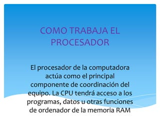 COMO TRABAJA EL
      PROCESADOR

 El procesador de la computadora
      actúa como el principal
 componente de coordinación del
equipo. La CPU tendrá acceso a los
programas, datos u otras funciones
 de ordenador de la memoria RAM
 
