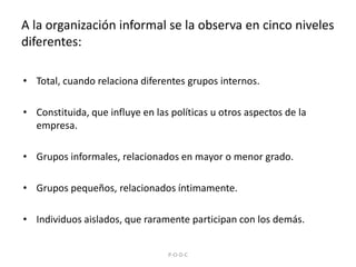 A la organización informal se la observa en cinco niveles diferentes:Total, cuando relaciona diferentes grupos internos.Constituida, que influye en las políticas u otros aspectos de la empresa.Grupos informales, relacionados en mayor o menor grado.Grupos pequeños, relacionados íntimamente.Individuos aislados, que raramente participan con los demás.P-O-D-C