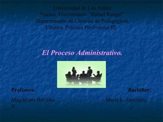 Universidad de Los Andes Núcleo  Universitario “Rafael Rangel” Departamento de Ciencias de Pedagógicas Cátedra: Práctica Profesional III.  El Proceso Administrativo. Profesora:  Bachiller: Magdalena Briceño.  María L. González V. Pampanito, julio de 2011. 