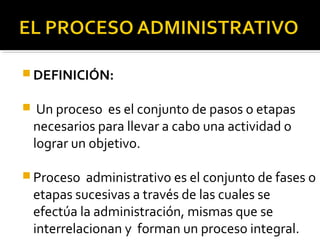  DEFINICIÓN:
 Un proceso es el conjunto de pasos o etapas
necesarios para llevar a cabo una actividad o
lograr un objetivo.
 Proceso administrativo es el conjunto de fases o
etapas sucesivas a través de las cuales se
efectúa la administración, mismas que se
interrelacionan y forman un proceso integral.
 