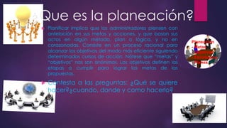 ¿Que es la planeación?




Planificar implica que los administradores piensen con
antelación en sus metas y acciones, y que basan sus
actos en algún método, plan o lógica, y no en
corazonadas. Consiste en un proceso racional para
alcanzar los objetivos del modo más eficiente siguiendo
determinados cursos de acción. Nótese que “metas” y
“objetivos” nos son sinónimos. Los objetivos definen las
etapas a cumplir para lograr las metas de las
propuestas.

Contesta a las preguntas: ¿Qué se quiere
hacer?¿cuando, donde y como hacerlo?

Planeación
- Metas
- Objetivos
- Estrategias
- Planes

 