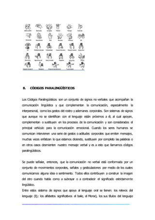 B. CÓDIGOS PARALINGÜÍSTICOS
Los Códigos Paralingüísticos son un conjunto de signos no verbales que acompañan la
comunicación lingüística y que complementan la comunicación, especialmente la
interpersonal, como los gestos del rostro y ademanes corporales. Son sistemas de signos
que aunque no se identifican con el lenguaje están próximos a él, al cual apoyan,
complementan o sustituyen en los procesos de la comunicación y son considerados el
principal vehículo para la comunicación emocional. Cuando los seres humanos se
comunican intervienen una serie de gestos o actitudes corporales que emiten mensajes,
muchas veces enfatizan lo que estamos diciendo, sustituyen por completo las palabras o
en otros casos desmienten nuestro mensaje verbal y es a esto que llamamos códigos
paralingüísticos.
Se puede señalar, entonces, que la comunicación no verbal está conformada por un
conjunto de movimientos corporales, señales y gesticulaciones por medio de los cuales
comunicamos alguna idea o sentimiento. Todos ellos contribuyen a construir la imagen
del otro cuando habla como a subrayar o a contradecir el significado estrictamente
lingüístico.
Entre estos sistema de signos que apoya al lenguaje oral se tienen: los relevos del
lenguaje (Ej.: los alfabetos significativos el baile, el Morse), los sus títulos del lenguaje
 