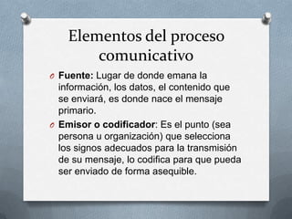 Elementos del proceso
comunicativo
O Fuente: Lugar de donde emana la

información, los datos, el contenido que
se enviará, es donde nace el mensaje
primario.
O Emisor o codificador: Es el punto (sea
persona u organización) que selecciona
los signos adecuados para la transmisión
de su mensaje, lo codifica para que pueda
ser enviado de forma asequible.

 