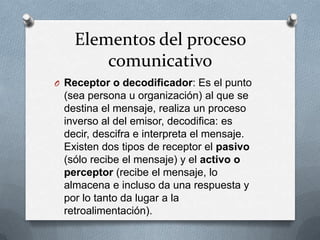 Elementos del proceso
comunicativo
O Receptor o decodificador: Es el punto

(sea persona u organización) al que se
destina el mensaje, realiza un proceso
inverso al del emisor, decodifica: es
decir, descifra e interpreta el mensaje.
Existen dos tipos de receptor el pasivo
(sólo recibe el mensaje) y el activo o
perceptor (recibe el mensaje, lo
almacena e incluso da una respuesta y
por lo tanto da lugar a la
retroalimentación).

 