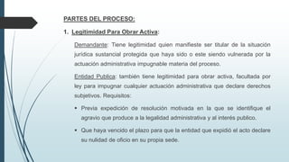 PARTES DEL PROCESO:
1. Legitimidad Para Obrar Activa:
Demandante: Tiene legitimidad quien manifieste ser titular de la situación
jurídica sustancial protegida que haya sido o este siendo vulnerada por la
actuación administrativa impugnable materia del proceso.
Entidad Publica: también tiene legitimidad para obrar activa, facultada por
ley para impugnar cualquier actuación administrativa que declare derechos
subjetivos. Requisitos:
 Previa expedición de resolución motivada en la que se identifique el
agravio que produce a la legalidad administrativa y al interés publico.

 Que haya vencido el plazo para que la entidad que expidió el acto declare
su nulidad de oficio en su propia sede.

 