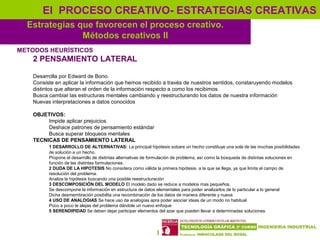 19
Estrategias que favorecen el proceso creativo.
Métodos creativos II
El PROCESO CREATIVO- ESTRATEGIAS CREATIVAS
METODOS HEURÍSTICOS
2 PENSAMIENTO LATERAL
Desarrolla por Edward de Bono.
Consiste en aplicar la información que hemos recibido a través de nuestros sentidos, constaruyendo modelos
distintos que alteran el orden de la información respecto a como los recibimos.
Busca cambiar las estructuras mentales cambiando y reestructurando los datos de nuestra información
Nuevas interpretaciones a datos conocidos
OBJETIVOS:
Impide aplicar prejuicios
Deshace patrones de pensamiento estándar
Busca superar bloqueos mentales
TECNICAS DE PENSAMIENTO LATERAL
1 DESARROLLO DE ALTERNATIVAS: La principal hipótesis sobare un hecho constituye una sola de las muchas posibilidades
de solución a un hecho.
Propone el desarrollo de distintas alternativas de formulación de problema, así como la búsqueda de distintas soluciones en
función de las distintas formulaciones.
2 DUDA DE LA HIPOTESIS No considera como válida la primera hipótesis a la que se llega, ya que limita el campo de
resolución del problema.
Analiza la hipótesis buscando una posible reestructuración
3 DESCOMPOSICIÓN DEL MODELO El modelo dado se reduce a modelos mas pequeños.
Se descompone la información en estructura de datos elementales para poder analizarlos de lo particular a lo general
Dicha desmembración posibilita una recombinación de los datos de manera diferente y nueva
4 USO DE ANALOGIAS Se hace uso de analogías apra poder asociar ideas de un modo no habitual
Poco a poco te alejas del problema dándole un nuevo enfoque
5 SERENDIPIDAD Se deben dejar participar elementos del azar que pueden llevar a determinadas soluciones
 