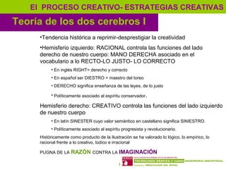 5
Teoría de los dos cerebros I
El PROCESO CREATIVO- ESTRATEGIAS CREATIVAS
•Tendencia histórica a reprimir-desprestigiar la creatividad
•Hemisferio izquierdo: RACIONAL controla las funciones del lado
derecho de nuestro cuerpo: MANO DERECHA asociado en el
vocabulario a lo RECTO-LO JUSTO- LO CORRECTO
• En inglés RIGHT= derecho y correcto
• En español ser DIESTRO = maestro del toreo
• DERECHO significa enseñanza de las leyes, de lo justo
• Políticamente asociado al espíritu conservador.
Hemisferio derecho: CREATIVO controla las funciones del lado izquierdo
de nuestro cuerpo
• En latín SINESTER cuyo valor semántico en castellano significa SINIESTRO.
• Políticamente asociado al espíritu progresista y revolucionario.
Históricamente como producto de la Ilustración se ha valorado lo lógico, lo empírico, lo
racional frente a lo creativo, lúdico e irracional
PUGNA DE LA RAZÓN CONTRA LA IMAGINACIÓN
 