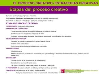 13
Etapas del proceso creativo
El PROCESO CREATIVO- ESTRATEGIAS CREATIVAS
El proceso creativo no es un proceso mecanico.
E...