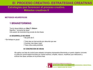 17
Estrategias que favorecen el proceso creativo.
Métodos creativos II
El PROCESO CREATIVO- ESTRATEGIAS CREATIVAS
METODOS ...