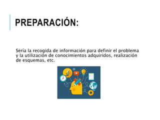 PREPARACIÓN:
Sería la recogida de información para definir el problema
y la utilización de conocimientos adquiridos, realización
de esquemas, etc.
 