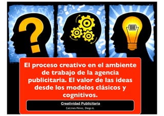 El proceso creativo en el ambiente
      de trabajo de la agencia
 publicitaria. El valor de las ideas
    desde los modelos clásicos y
            cognitivos.
           Creatividad Publicitaria
              Calcines Pérez, Diego A.
 