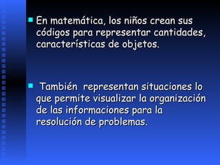 En matemática, los niños crean sus códigos para representar cantidades, características de objetos. También  representan situaciones  lo  que permite visualizar la organización de las informaciones para la resolución de problemas.   