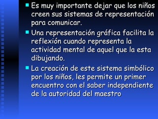 Es muy importante dejar que los niños creen sus sistemas de representación para comunicar.  U na representación gráfica facilita la reflexión cuando representa la actividad mental de aquel que la esta dibujando .   L a creación de este sistema simbólico por los niños, les permite un primer encuentro con el saber independiente de la autoridad del maestro   