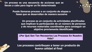 Un proceso es una secuencia de acciones que se
llevan a cabo para lograr un fin determinado
Un proceso es un conjunto de actividades planificadas
que implican la participación de un número de personas
y de recursos materiales coordinados para conseguir un
objetivo previamente identificado
Puede llamarse proceso a un conjunto de etapas o
fases que se desarrollan de manera sucesiva
¿Por Qué Son Tan Necesarios Los Procesos En Nuestra
Vida?
Los procesos contribuyen a tener un producto de
buena calidad al final
 