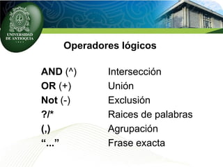 Operadores lógicos
AND (^) Intersección
OR (+) Unión
Not (-) Exclusión
?/* Raices de palabras
(,) Agrupación
“...” Frase exacta
 