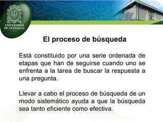 Está constituido por una serie ordenada de
etapas que han de seguirse cuando uno se
enfrenta a la tarea de buscar la respuesta a
una pregunta.
Llevar a cabo el proceso de búsqueda de un
modo sistemático ayuda a que la búsqueda
sea tanto eficiente como efectiva.
El proceso de búsqueda
 
