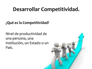 Desarrollar Competitividad.
¿Qué es la Competitividad?
Nivel de productividad de
una persona, una
Institución, un Estado o un
País.