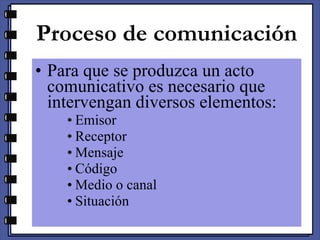 Proceso de comunicación Para que se produzca un acto comunicativo es necesario que intervengan diversos elementos: Emisor Receptor Mensaje Código Medio o canal Situación 