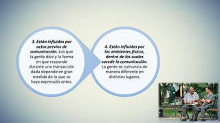 4. Están influidos por
los ambientes físicos,
dentro de los cuales
sucede la comunicación.
La gente se comunica de
manera diferente en
distintos lugares.
3. Están influidos por
actos previos de
comunicación. Los que
la gente dice y la forma
en que responde
durante una transacción
dada depende en gran
medida de lo que se
haya expresado antes.
 