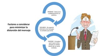 PRIMERO.- Seleccione
cuidadosamente sus
palabras.
SEGUNDO.- De especial
intención a los mensajes
no verbales que envía.
TERCERO.- Considere
que lo que se dice
siempre es realista
dentro de un cierto
contexto..
 