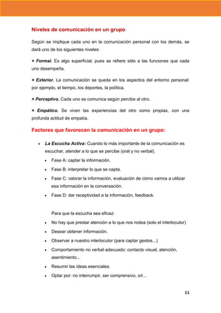 Niveles de comunicación en un grupo
Según se implique cada uno en la comunicación personal con los demás, se
dará uno de los siguientes niveles:
× Formal. Es algo superficial, pues se refiere sólo a las funciones que cada
uno desempeña.
× Exterior. La comunicación se queda en los aspectos del entorno personal:
por ejemplo, el tiempo, los deportes, la política.
× Perceptivo. Cada uno se comunica según percibe al otro.
× Empático. Se viven las experiencias del otro como propias, con una
profunda actitud de empatía.

Factores que favorecen la comunicación en un grupo:
La Escucha Activa: Cuando lo más importante de la comunicación es
escuchar, atender a lo que se percibe (oral y no verbal).
Fase A: captar la información.
Fase B: interpretar lo que se capta.
Fase C: valorar la información, evaluación de cómo vamos a utilizar
esa información en la conversación.
Fase D: dar receptividad a la información, feedback.

Para que la escucha sea eficaz:
No hay que prestar atención a lo que nos rodea (solo el interlocutor)
Desear obtener información.
Observar a nuestro interlocutor (para captar gestos...)
Comportamiento no verbal adecuado: contacto visual, atención,
asentimiento...
Resumir las ideas esenciales.
Optar por: no interrumpir, ser comprensivo, oír...

11

 
