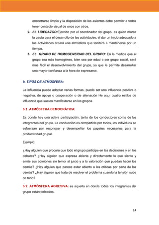 encontrarse limpio y la disposición de los asientos debe permitir a todos
tener contacto visual de unos con otros.
2. EL LIDERAZGO:Ejercido por el coordinador del grupo, es quien marca
la pauta para el desarrollo de las actividades, el dar un inicio adecuado a
las actividades creará una atmósfera que tenderá a mantenerse por un
tiempo.
3. EL GRADO DE HOMOGENEIDAD DEL GRUPO: En la medida que el
grupo sea más homogéneo, bien sea por edad o por grupo social, será
más fácil el desenvolvimiento del grupo, ya que le permite desarrollar
una mayor confianza a la hora de expresarse.

b. TIPOS DE ATMOSFERA:
La influencia puede adoptar varias formas, puede ser una influencia positiva o
negativa; de apoyo o cooperación o de alienación He aquí cuatro estilos de
influencia que suelen manifestarse en los grupos
b.1. ATMÓSFERA DEMOCRÁTICA:
Es donde hay una activa participación, tanto de los conductores como de los
integrantes del grupo. La conducción es compartida por todos, los individuos se
esfuerzan por reconocer y desempeñar los papeles necesarios para la
productividad grupal.
Ejemplo:
¿Hay alguien que procura que todo el grupo participe en las decisiones y en los
debates? ¿Hay alguien que expresa abierta y directamente lo que siente y
emite sus opiniones sin temor al juicio y a la valoración que puedan hacer los
demás? ¿Hay alguien que parece estar abierto a las críticas por parte de los
demás? ¿Hay alguien que trata de resolver el problema cuando la tensión sube
de tono?
b.2. ATMÓSFERA AGRESIVA: es aquella en donde todos los integrantes del
grupo están peleados.

14

 