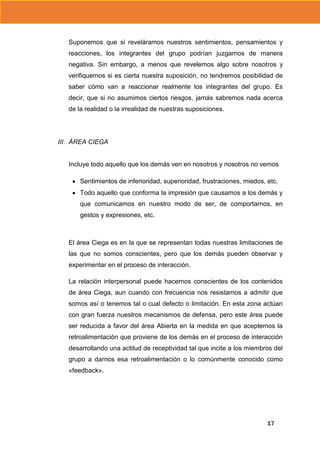 Suponemos que si reveláramos nuestros sentimientos, pensamientos y
reacciones, los integrantes del grupo podrían juzgarnos de manera
negativa. Sin embargo, a menos que revelemos algo sobre nosotros y
verifiquemos si es cierta nuestra suposición, no tendremos posibilidad de
saber cómo van a reaccionar realmente los integrantes del grupo. Es
decir, que si no asumimos ciertos riesgos, jamás sabremos nada acerca
de la realidad o la irrealidad de nuestras suposiciones.

III. ÁREA CIEGA

Incluye todo aquello que los demás ven en nosotros y nosotros no vemos
Sentimientos de inferioridad, superioridad, frustraciones, miedos, etc.
Todo aquello que conforma la impresión que causamos a los demás y
que comunicamos en nuestro modo de ser, de comportarnos, en
gestos y expresiones, etc.

El área Ciega es en la que se representan todas nuestras limitaciones de
las que no somos conscientes, pero que los demás pueden observar y
experimentar en el proceso de interacción.
La relación interpersonal puede hacernos conscientes de los contenidos
de área Ciega, aun cuando con frecuencia nos resistamos a admitir que
somos así o tenemos tal o cual defecto o limitación. En esta zona actúan
con gran fuerza nuestros mecanismos de defensa, pero este área puede
ser reducida a favor del área Abierta en la medida en que aceptemos la
retroalimentación que proviene de los demás en el proceso de interacción
desarrollando una actitud de receptividad tal que incite a los miembros del
grupo a darnos esa retroalimentación o lo comúnmente conocido como
«feedback».

17

 