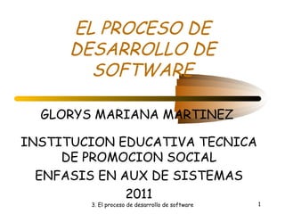 EL PROCESO DE DESARROLLO DE SOFTWARE GLORYS MARIANA MARTINEZ  INSTITUCION EDUCATIVA TECNICA DE PROMOCION SOCIAL ENFASIS EN AUX DE SISTEMAS 2011 3. El proceso de desarrollo de software 