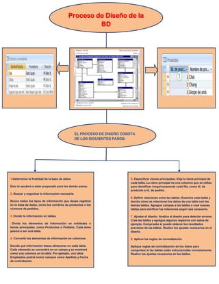 Proceso de Diseño de la BD<br />1.Determinar la finalidad de la base de datos    Esto le ayudará a estar preparado para los demás pasos.2. Buscar y organizar la información necesaria    Reúna todos los tipos de información que desee registrar en la base de datos, como los nombres de productos o los números de pedidos.3. Dividir la información en tablas    Divida los elementos de información en entidades o temas principales, como Productos o Pedidos. Cada tema pasará a ser una tabla.4. Convertir los elementos de información en columnas    Decida qué información desea almacenar en cada tabla. Cada elemento se convertirá en un campo y se mostrará como una columna en la tabla. Por ejemplo, una tabla Empleados podría incluir campos como Apellido y Fecha de contratación.5. Especificar claves principales: Elija la clave principal de cada tabla. La clave principal es una columna que se utiliza para identificar inequívocamente cada fila, como Id. de producto o Id. de pedido.6. Definir relaciones entre las tablas: Examine cada tabla y decida cómo se relacionan los datos de una tabla con las demás tablas. Agregue campos a las tablas o cree nuevas tablas para clarificar las relaciones según sea necesario.7. Ajustar el diseño: Analice el diseño para detectar errores. Cree las tablas y agregue algunos registros con datos de ejemplo. Compruebe si puede obtener los resultados previstos de las tablas. Realice los ajustes necesarios en el diseño.8. Aplicar las reglas de normalización    Aplique reglas de normalización de los datos para comprobar si las tablas están estructuradas correctamente. Realice los ajustes necesarios en las tablas.EL PROCESO DE DISEÑO CONSTA DE LOS SIGUIENTES PASOS:1550035304800<br />El proceso de diseño<br />El proceso de diseño consta de los pasos siguientes:<br />Determinar la finalidad de la base de datos    <br />Esto le ayudará a estar preparado para los demás pasos.<br />Buscar y organizar la información necesaria    <br />Reúna todos los tipos de información que desee registrar en la base de datos, como los nombres de productos o los números de pedidos.<br />Dividir la información en tablas    <br />Divida los elementos de información en entidades o temas principales, como Productos o Pedidos. Cada tema pasará a ser una tabla.<br />Convertir los elementos de información en columnas    <br />Decida qué información desea almacenar en cada tabla. Cada elemento se convertirá en un campo y se mostrará como una columna en la tabla. Por ejemplo, una tabla Empleados podría incluir campos como Apellido y Fecha de contratación.<br />Especificar claves principales    <br />Elija la clave principal de cada tabla. La clave principal es una columna que se utiliza para identificar inequívocamente cada fila, como Id. de producto o Id. de pedido.<br />Definir relaciones entre las tablas    <br />Examine cada tabla y decida cómo se relacionan los datos de una tabla con las demás tablas. Agregue campos a las tablas o cree nuevas tablas para clarificar las relaciones según sea necesario.<br />Ajustar el diseño    <br />Analice el diseño para detectar errores. Cree las tablas y agregue algunos registros con datos de ejemplo. Compruebe si puede obtener los resultados previstos de las tablas. Realice los ajustes necesarios en el diseño.<br />Aplicar las reglas de normalización    <br />Aplique reglas de normalización de los datos para comprobar si las tablas están estructuradas correctamente. Realice los ajustes necesarios en las tablas.<br />