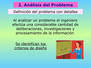 2. Análisis del Problema Definición del problema con detalles Al analizar un problema el ingeniero efectúa una considerable cantidad de deliberaciones, investigaciones y procesamiento de la información   Se identifican los  criterios de diseño   