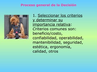 Proceso general de la Decisión 1.  Seleccionar los criterios y determinar su importancia relativa :  C riterios comunes son: beneficio/costo, confiabilidad, operabilidad, mantenibilidad, seguridad, estética, ergonomía, calidad, otros 