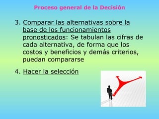 3.  Comparar las alternativas sobre la base de los funcionamientos pronosticados : Se tabulan las cifras de cada alternativa, de forma que los costos y beneficios y demás criterios, puedan compararse 4.   Hacer la selección Proceso general de la Decisión 