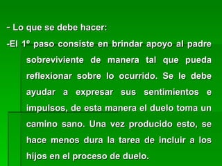 -- Lo que se debe hacer:Lo que se debe hacer:
-El 1º paso consiste en brindar apoyo al padre-El 1º paso consiste en brindar apoyo al padre
sobreviviente de manera tal que puedasobreviviente de manera tal que pueda
reflexionar sobre lo ocurrido. Se le debereflexionar sobre lo ocurrido. Se le debe
ayudar a expresar sus sentimientos eayudar a expresar sus sentimientos e
impulsos, de esta manera el duelo toma unimpulsos, de esta manera el duelo toma un
camino sano. Una vez producido esto, secamino sano. Una vez producido esto, se
hace menos dura la tarea de incluir a loshace menos dura la tarea de incluir a los
hijos en el proceso de duelo.hijos en el proceso de duelo.
 