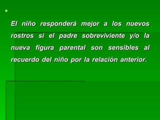 
El niño responderá mejor a los nuevosEl niño responderá mejor a los nuevos
rostros si el padre sobreviviente y/o larostros si el padre sobreviviente y/o la
nueva figura parental son sensibles alnueva figura parental son sensibles al
recuerdo del niño por la relación anterior.recuerdo del niño por la relación anterior.
 