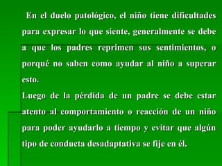 En el duelo patológico, el niño tiene dificultadesEn el duelo patológico, el niño tiene dificultades
para expresar lo que siente, generalmente se debepara expresar lo que siente, generalmente se debe
a que los padres reprimen sus sentimientos, oa que los padres reprimen sus sentimientos, o
porqué no saben como ayudar al niño a superarporqué no saben como ayudar al niño a superar
esto.esto.
Luego de la pérdida de un padre se debe estarLuego de la pérdida de un padre se debe estar
atento al comportamiento o reacción de un niñoatento al comportamiento o reacción de un niño
para poder ayudarlo a tiempo y evitar que algúnpara poder ayudarlo a tiempo y evitar que algún
tipo de conducta desadaptativa se fije en él.tipo de conducta desadaptativa se fije en él.
 