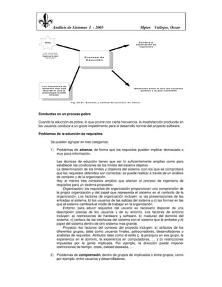 Análisis de Sistemas I - 2005                                                             Mgter. Vallejos, Oscar


     Id e a                                                                                           A y u d a a la
                                                                                                   e xp lo ra c ió n d e
                                                                                                      re q u isito s



    L o s u s u a r io s
  ti e n e n u n a id e a
  v a g a d e lo q u e
       n e c e s ita n                       P ro c e s o d e
                                              E d u c ció n




  L o s in g e n ier o s d e
  s o ftw a re d an u n a                                                                        D is tin c ió n e n tre lo q u e lo s u s u ar io s
   id e a d e lo q u e la                                                                               q u ier en y lo q u e n e ce sita n
  te c n o lo g ía p u ed e
          o fr ec er




                               F ig . 0 3 -0 1: E n tra d a y sa lid a s d el p ro ce s o d e e d u c ir




Conductas en un proceso pobre

Cuando la educción es pobre, lo que ocurre con cierta frecuencia, la insatisfacción producida en
los usuarios conduce a un grave impedimento para el desarrollo normal del proyecto software.

Problemas de la educción de requisitos

             Se pueden agrupar en tres categorías:

             1) Problemas de alcance, de forma que los requisitos pueden implicar demasiada o
                muy poca información.

                      Las técnicas de educción tienen que ser lo suficientemente amplias como para
                      establecer las condiciones de los limites del sistema objetivo.
                      La determinación de los limites y objetivos del sistema (con los que se comprobará
                      que los requisitos obtenidos son correctos) se puede realizar a través de un análisis
                      de contexto y de la organización.
                      Hay al menos tres contextos amplios que afectan al proceso de ingeniería de
                      requisitos para un sistema propuesto:
                          Organización: los requisitos de organización proporcionan una comprensión de
                      la propia organización y del papel que representa el sistema en el contexto de la
                      organización. Los factores de organización incluyen: a) las presentaciones de las
                      entradas al sistema, b) los usuarios de las salidas del sistema y c) las formas en las
                      que el sistema cambiará el modo de trabajar en la organización.
                          Entorno: para educir requisitos del usuario es necesario disponer de una
                      descripción precisa de los usuarios y de su entorno. Los factores de entrono
                      incluyen: a) restricciones de hardware y software, b) madurez del dominio del
                      sistema, c) certeza de las interfaces del sistema con el sistema que le embebe y d)
                      papel del sistema dentro de otro sistema mas grande.
                          Proyecto: los factores del contexto del proyecto incluyen: a) atributos de los
                      diferentes grupos, tales como usuarios finales, patrocinadores, desarrolladores o
                      analistas de requisitos. Atributos tales como el estilo ç, la jerarquía en ese grupo, la
                      experiencia en el dominio, la experiencia en computadoras, … y b) restricciones
                      impuestas por la gente implicada. Por ejemplo, la dirección puede imponer
                      restricciones de tiempo, coste, calidad deseada, …

             2) Problemas de comprensión, dentro de grupos de implicados o entre grupos, como
                por ejemplo, entre usuarios y desarrolladores.
 