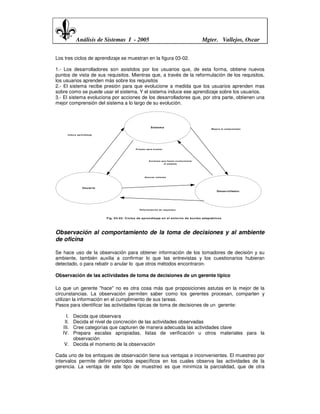 Análisis de Sistemas I - 2005                                                          Mgter. Vallejos, Oscar


Los tres ciclos de aprendizaje se muestran en la figura 03-02.

1.- Los desarrolladores son asistidos por los usuarios que, de esta forma, obtiene nuevos
puntos de vista de sus requisitos. Mientras que, a través de la reformulación de los requisitos,
los usuarios aprenden más sobre los requisitos
2.- El sistema recibe presión para que evolucione a medida que los usuarios aprenden mas
sobre como se puede usar el sistema. Y el sistema induce ese aprendizaje sobre los usuarios.
3.- El sistema evoluciona por acciones de los desarrolladores que, por otra parte, obtienen una
mejor comprensión del sistema a lo largo de su evolución.



                                                             S istem a
                                                                                                          M ejora la comprensión

      Induce aprendisaje




                                                 P resión para ev aluar




                                                           Acciones que hacen ev olucioonar
                                                                      el sistema




                                                        N uev as v isiones




                Usu ario
                                                                                                              Desarro llad o r




                                                    R eformulación de requisitos



                           F ig . 03-02: C iclo s d e ap ren d isaje en el en to rn o d e b u cles ad ap tativ o s




Observación al comportamiento de la toma de decisiones y al ambiente
de oficina

Se hace uso de la observación para obtener información de los tomadores de decisión y su
ambiente, también auxilia a confirmar lo que las entrevistas y los cuestionarios hubieran
detectado, o para rebatir o anular lo que otros métodos encontraron.

Observación de las actividades de toma de decisiones de un gerente típico

Lo que un gerente "hace" no es otra cosa más que proposiciones astutas en la mejor de la
circunstancias. La observación permiten saber como los gerentes procesan, comparten y
utilizan la información en el cumplimiento de sus tareas.
Pasos para identificar las actividades típicas de toma de decisiones de un gerente:

     I.Decida que observara
    II.Decida el nivel de concreción de las actividades observadas
   III.Cree categorías que capturen de manera adecuada las actividades clave
   IV. Prepara escalas apropiadas, listas de verificación u otros materiales para la
       observación
    V. Decida el momento de la observación

Cada uno de los enfoques de observación tiene sus ventajas e inconvenientes. El muestreo por
intervalos permite definir periodos específicos en los cuales observa las actividades de la
gerencia. La ventaja de este tipo de muestreo es que minimiza la parcialidad, que de otra
 